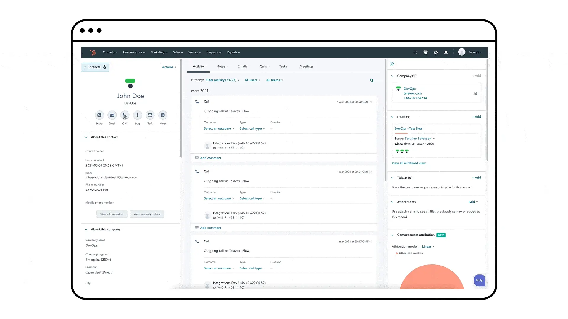 Animation af Telavox' integration med Hubspot