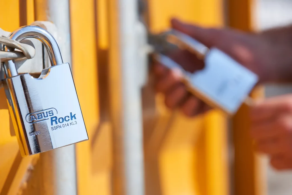 Close-up of an Abus Rock padlock.